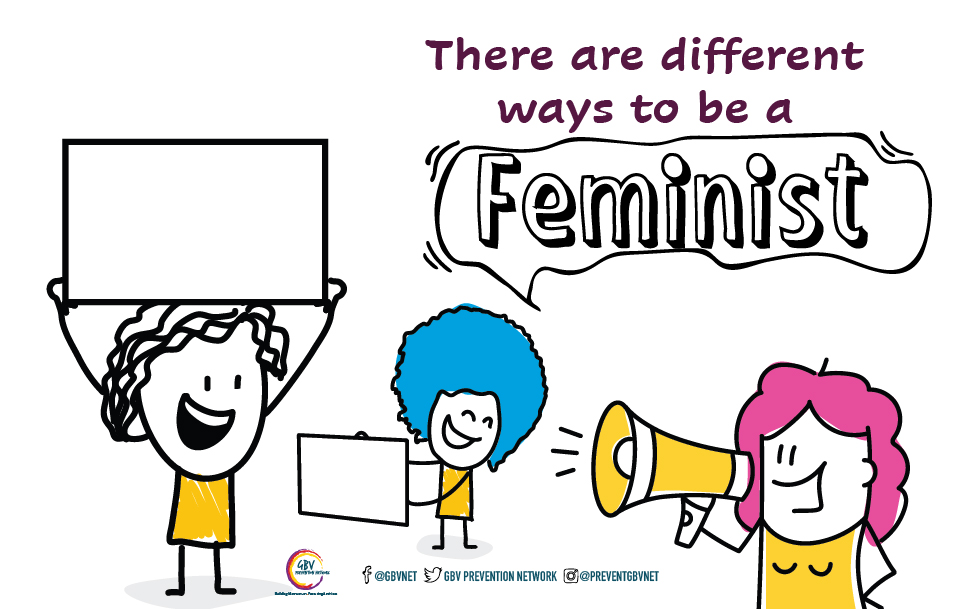 Two cartoon people are holding banners on the left and a woman on the right is holding a bullhorn, with the text "there are different ways to be a feminist" in the upper right corner.